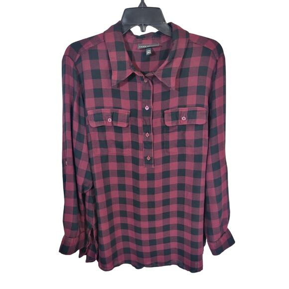 Lane Bryant Tops - Lane Bryant Red Black Plaid 1/2 Button Roll Tab Sleeve Shirt‎ Women's Size 18/20